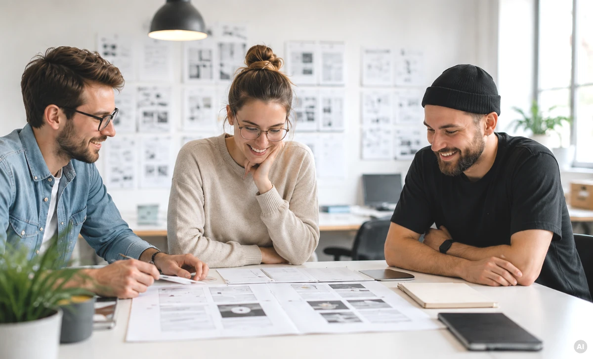 Designteam bespricht Layout-Entwürfe mit Blindtext am Arbeitstisch