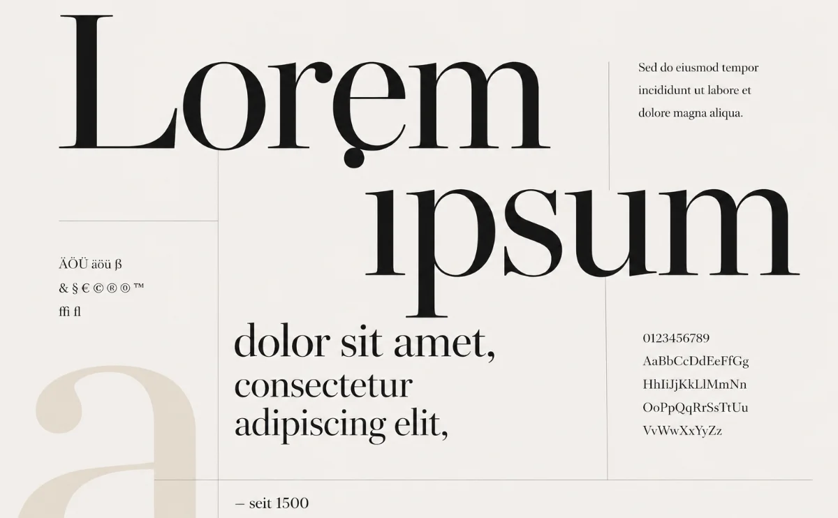 Typografisches Schriftmuster mit Lorem-Ipsum-Text, Umlauten, Ziffern und Sonderzeichen
